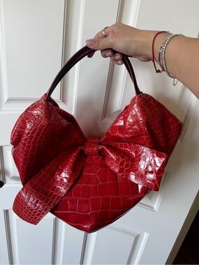 Valentino Red Croc-Embossed Bow Hobo Bag